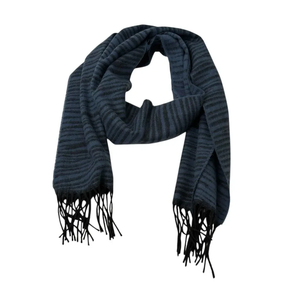 Scotland 100% Cashmere Scottish Wool Blue Black Striped Fringe Scarf 69